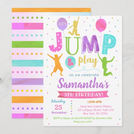 Invitation d'anniversaire saut rebond trampoline f (Devant / Derrière)