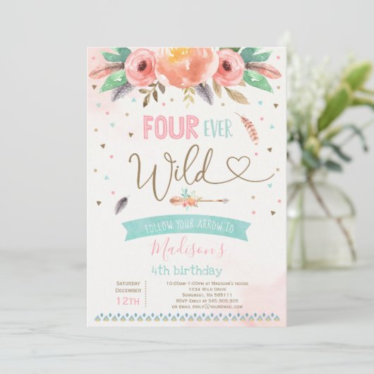 Invitation d'anniversaire sauvage Boho Four Ever W (Debout devant)