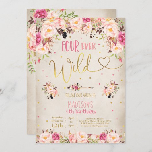 Invitation d'anniversaire sauvage Boho Four Ever W (Devant / Derrière)