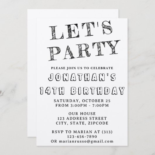 Invitation d'anniversaire simple en noir et blanc (Devant / Derrière)