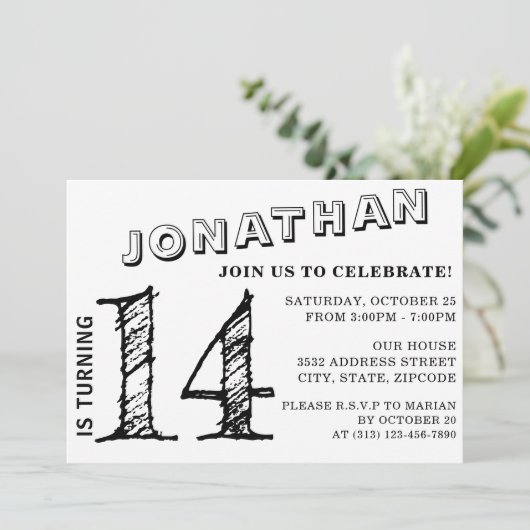 Invitation d'anniversaire simple en noir et blanc  (Debout devant)