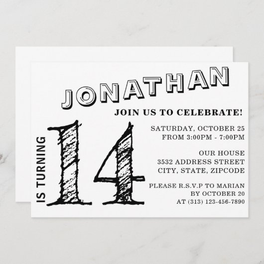 Invitation d'anniversaire simple en noir et blanc  (Devant / Derrière)