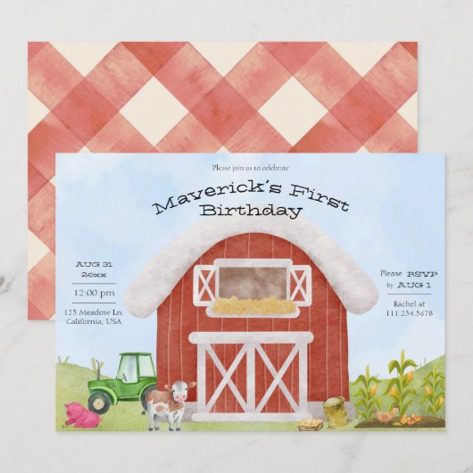 Invitation d'anniversaire Simple Farm Fun 1er anni (Devant / Derrière)