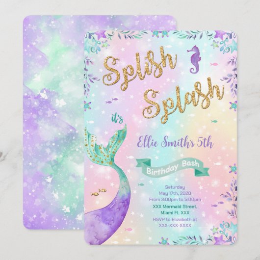 Invitation d'anniversaire sirène (Devant / Derrière)