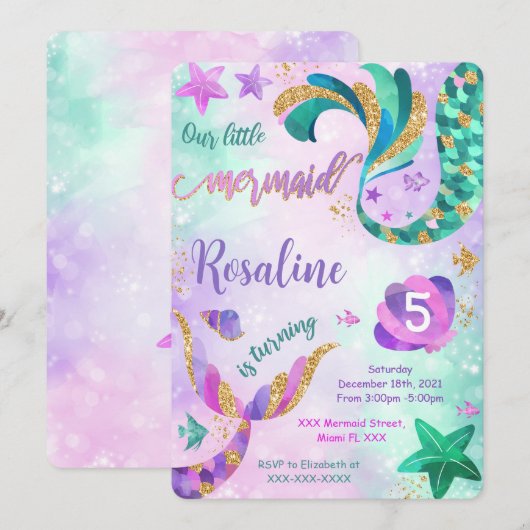 Invitation d'anniversaire sirène (Devant / Derrière)