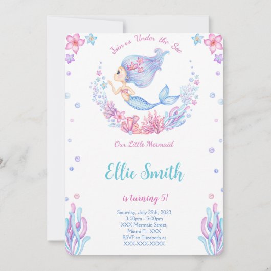 Invitation d'anniversaire sirène (Devant)