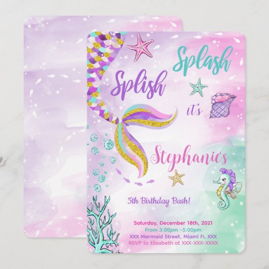 Invitation d'anniversaire sirène (Devant / Derrière)