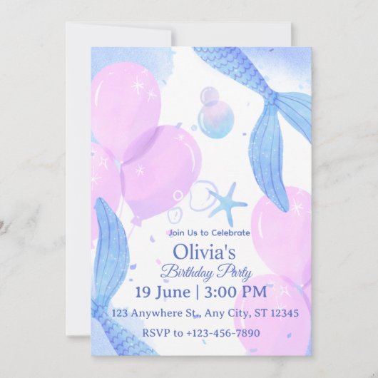 Invitation d'anniversaire sirène (Devant)