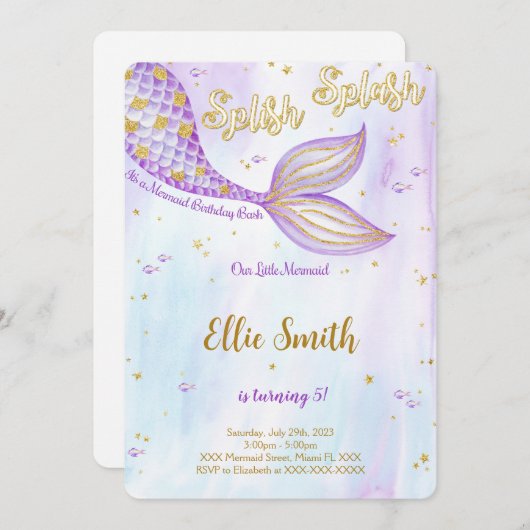 Invitation d'anniversaire sirène (Devant / Derrière)