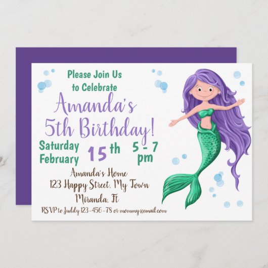 Invitation d'anniversaire sirène (Devant / Derrière)