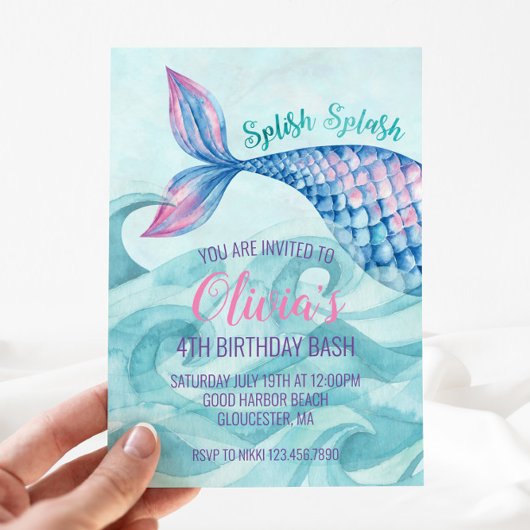 Invitation d'anniversaire sirène aquarelle