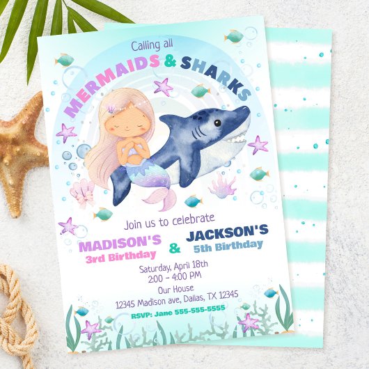 Invitation d'anniversaire Sirène & Requin sous la