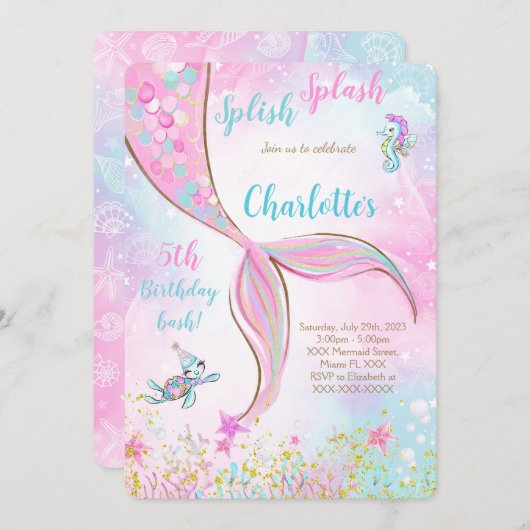 Invitation d'anniversaire Sirène Rose (Devant / Derrière)