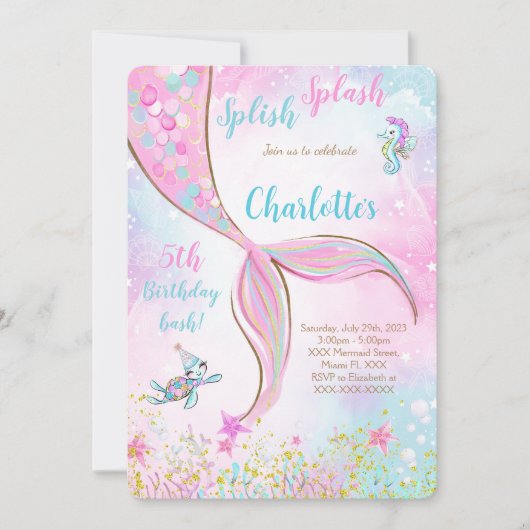 Invitation d'anniversaire Sirène Rose (Devant)