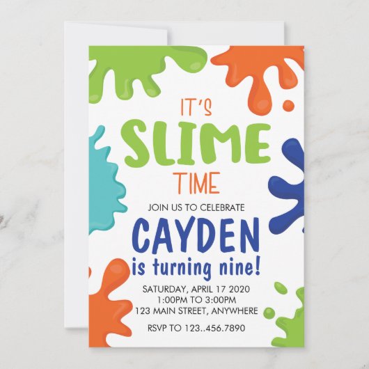 Invitation d'anniversaire Slime verte, bleue et or (Devant)