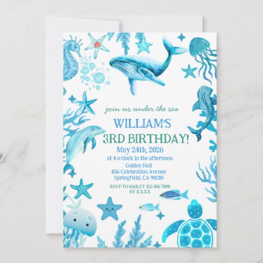 Invitation d'anniversaire sous la mer, garçon océa (Devant)