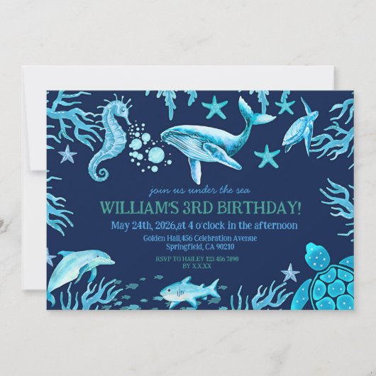 Invitation d'anniversaire sous la mer, garçon océa (Devant)