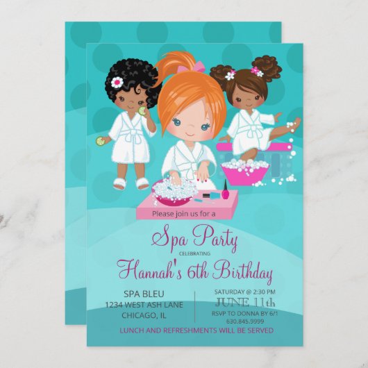 Invitation d'anniversaire spa pour les filles (Devant / Derrière)