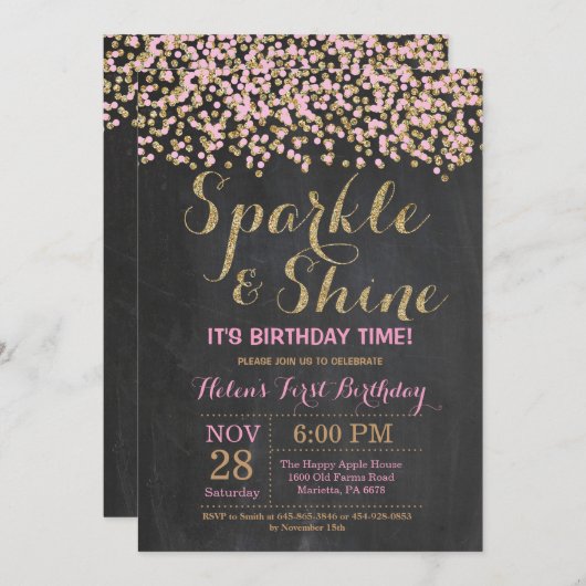 Invitation d'anniversaire Sparkle and Shine Pink G (Devant / Derrière)