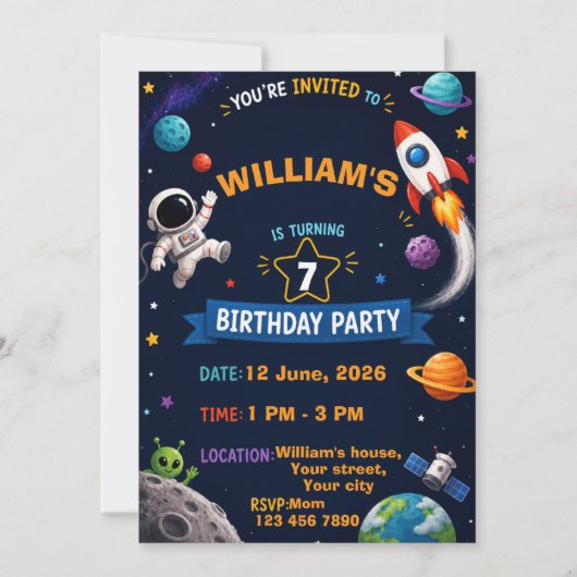 Invitation d'anniversaire spatial pour enfants | P (Devant)