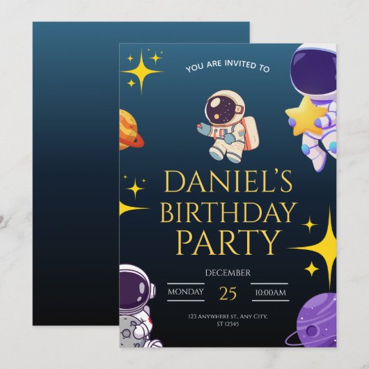 Invitation d'anniversaire spatiale pour enfants, (Devant / Derrière)