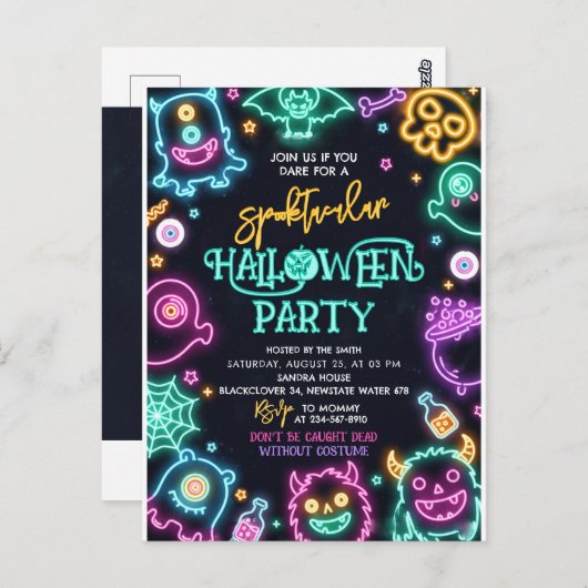 Invitation d'anniversaire Spooktacular Neon Hallow (Devant / Derrière)
