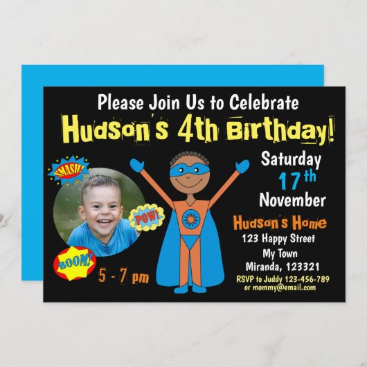 Invitation d'anniversaire Superhero (Devant / Derrière)