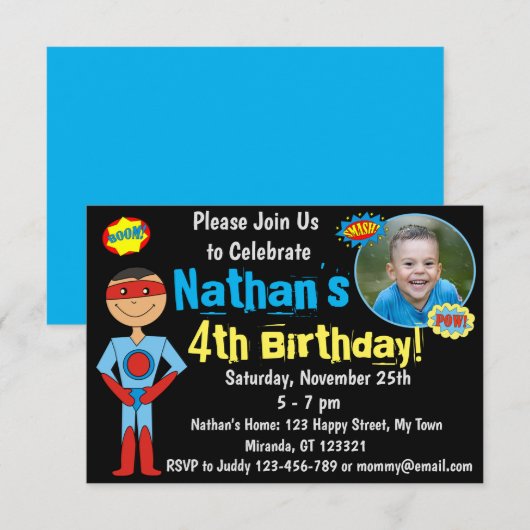 Invitation d'anniversaire Superhero (Devant / Derrière)