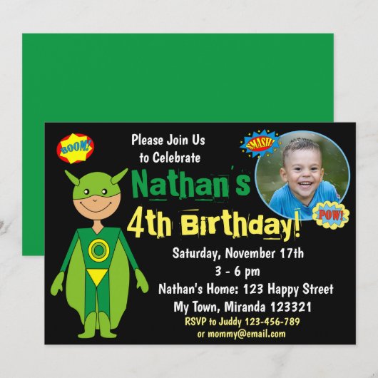 Invitation d'anniversaire Superhero (Devant / Derrière)