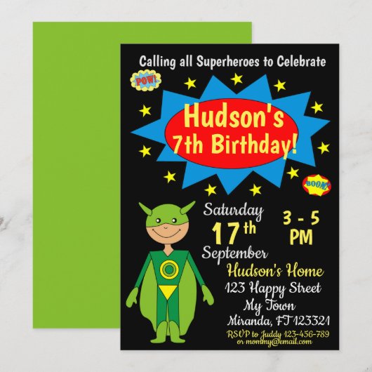 Invitation d'anniversaire Superhero (Devant / Derrière)