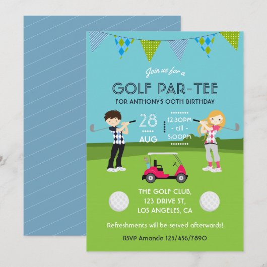 Invitation d'anniversaire sur le thème de golf pou (Devant / Derrière)