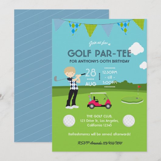 Invitation d'anniversaire sur le thème de golf pou (Devant / Derrière)