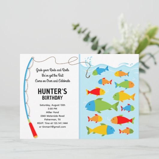 Invitation d'anniversaire sur le thème de la pêche (Debout devant)