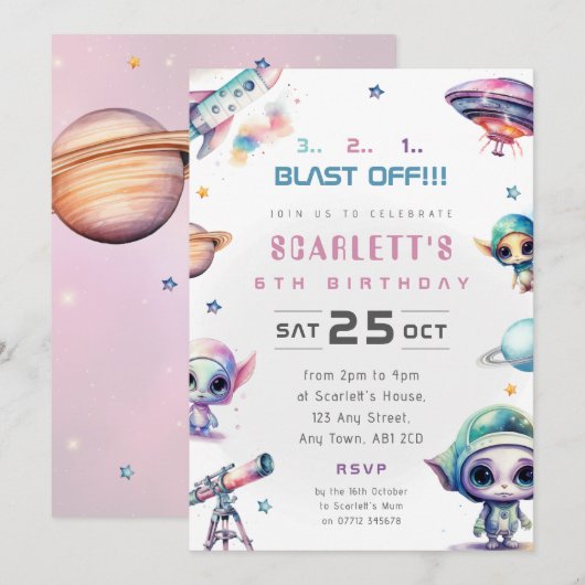 Invitation d'anniversaire sur le thème de l'alien (Devant / Derrière)