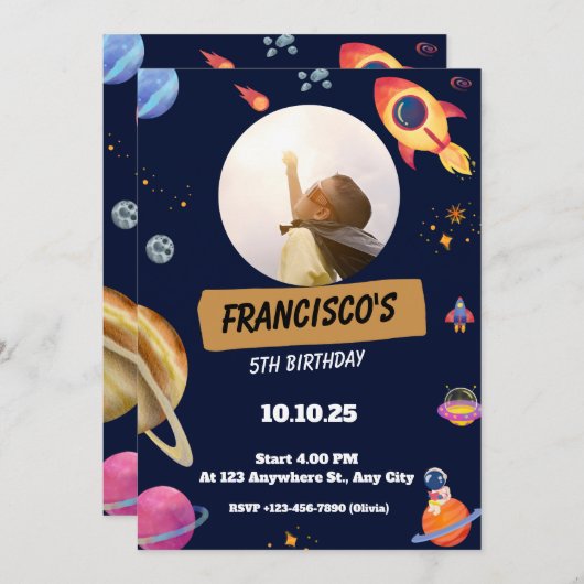 Invitation d'anniversaire sur le thème de l'espace (Devant / Derrière)