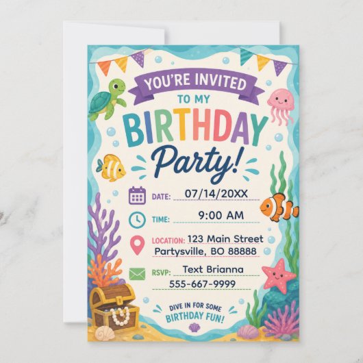 Invitation d'anniversaire sur le thème de l'océan (Devant)