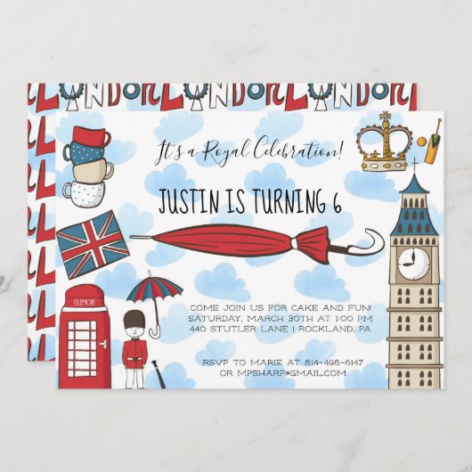 Invitation d'anniversaire sur le thème de Londres (Devant / Derrière)