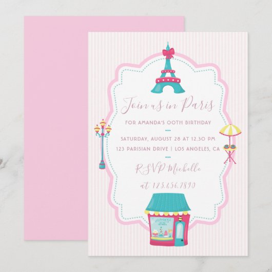 Invitation d'anniversaire sur le thème de Paris ro (Devant / Derrière)