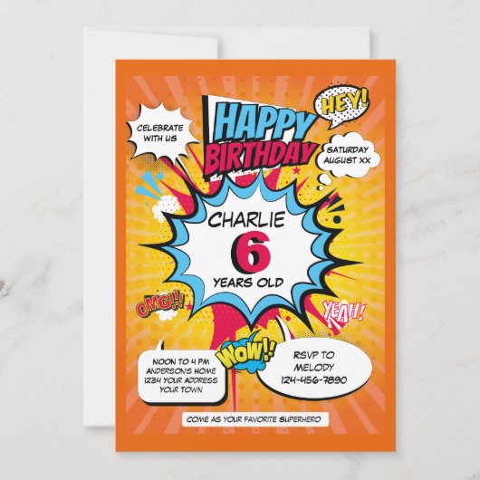 Invitation d'anniversaire sur le thème de Super-hé (Devant)