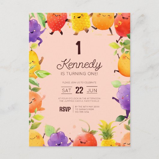 Invitation d'anniversaire sur le thème des fruits (Devant)