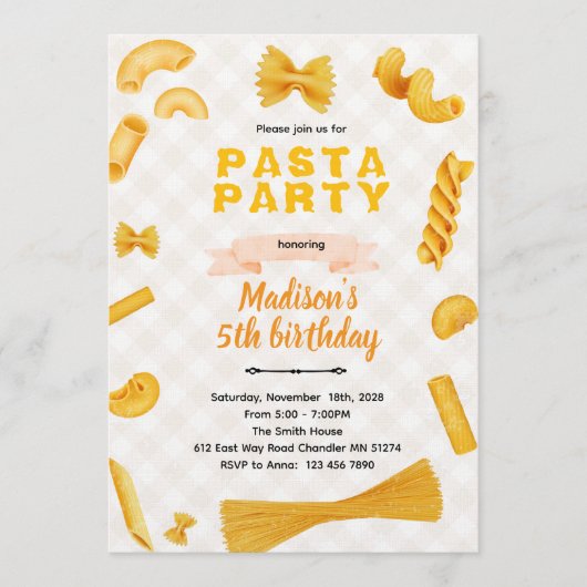 Invitation d'anniversaire sur le thème des pâtes m (Devant)