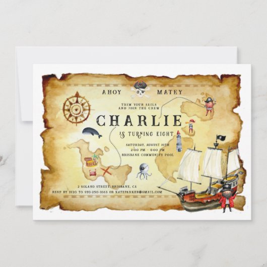 Invitation d'anniversaire sur le thème des pirates (Devant)