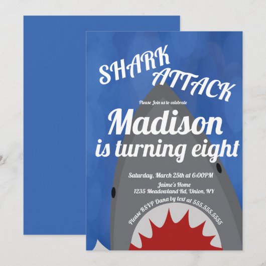 Invitation d'anniversaire sur le thème des requins (Devant / Derrière)