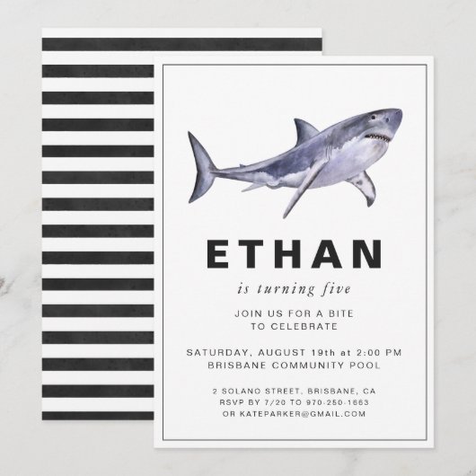 Invitation d'anniversaire sur le thème des requins (Devant / Derrière)