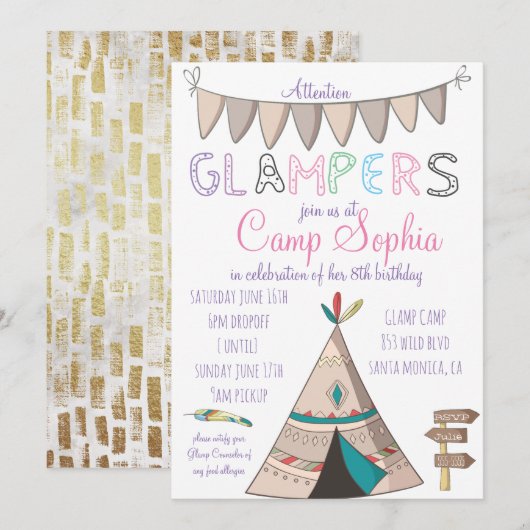 Invitation d'anniversaire sur le thème du Glamping (Devant / Derrière)