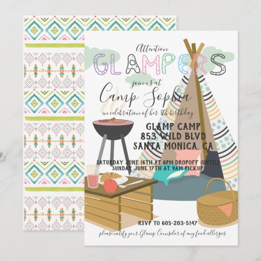 Invitation d'anniversaire sur le thème du Glamping (Devant / Derrière)