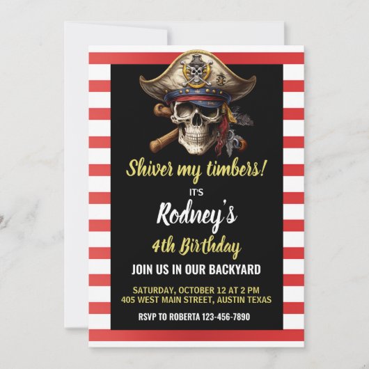 Invitation d'anniversaire sur le thème pirate Shiv (Devant)