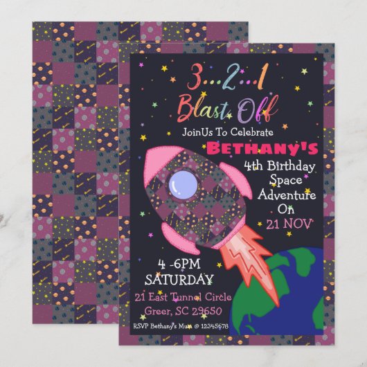 Invitation d'anniversaire sur l'espace pour fille (Devant / Derrière)