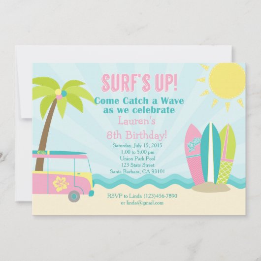 Invitation d'anniversaire Surf pour une fille en r (Devant)
