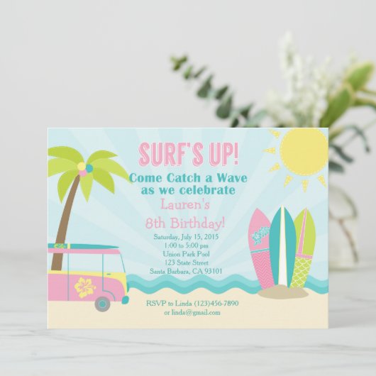 Invitation d'anniversaire Surf pour une fille en r (Debout devant)